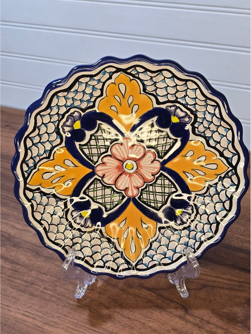 Hand Painted Mexican Talavera Plate with Floral Design